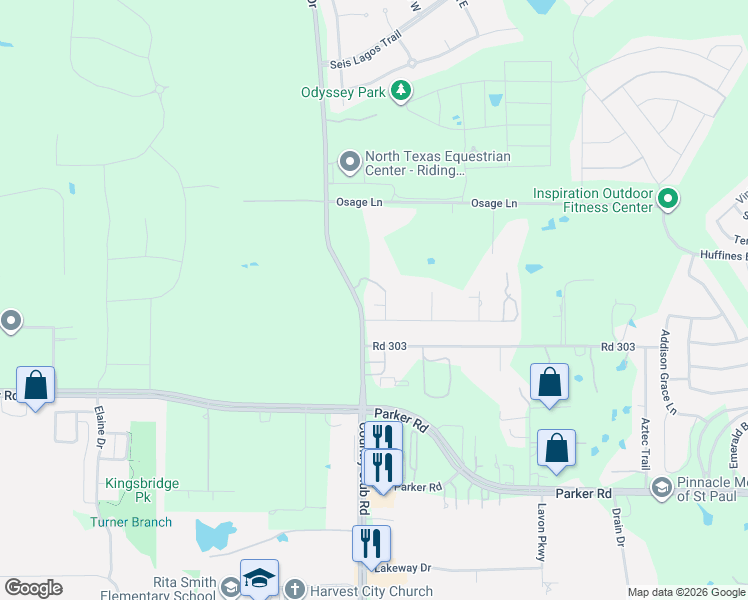 map of restaurants, bars, coffee shops, grocery stores, and more near 3 Harvest Way in Wylie