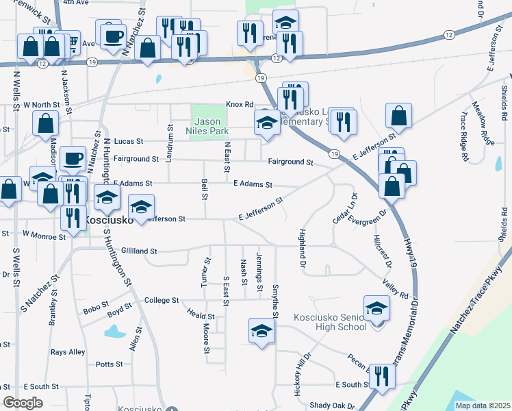 map of restaurants, bars, coffee shops, grocery stores, and more near 508 East Jefferson Street in Kosciusko