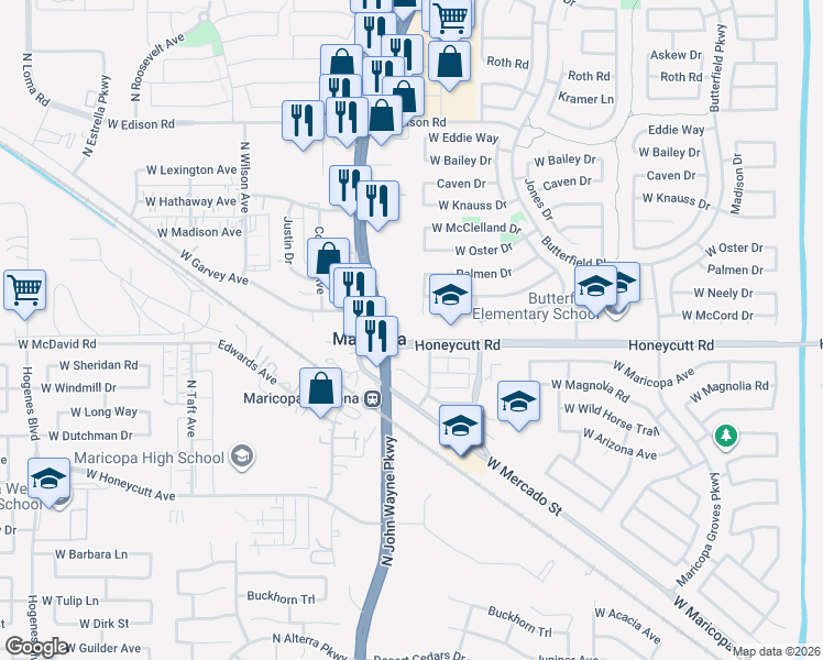 map of restaurants, bars, coffee shops, grocery stores, and more near 180 West Honeycutt Road in Maricopa