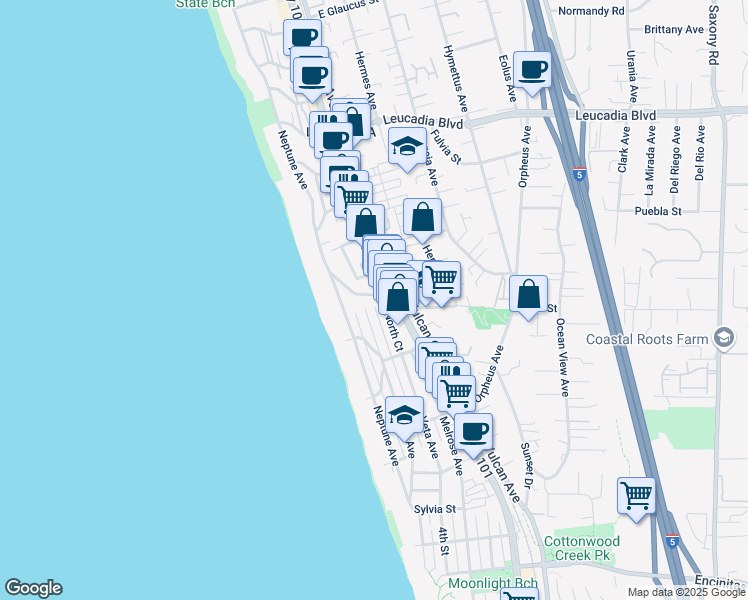 map of restaurants, bars, coffee shops, grocery stores, and more near 101 Athena Street in Encinitas