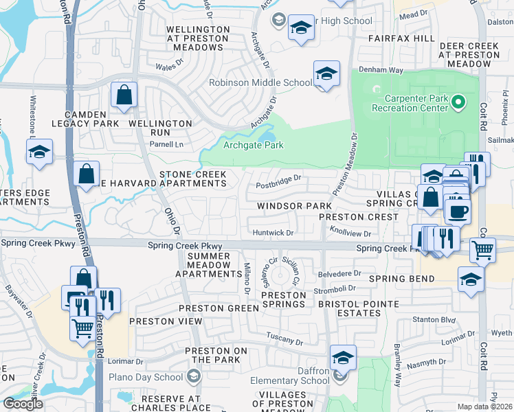 map of restaurants, bars, coffee shops, grocery stores, and more near 4576 Crown Ridge Drive in Plano
