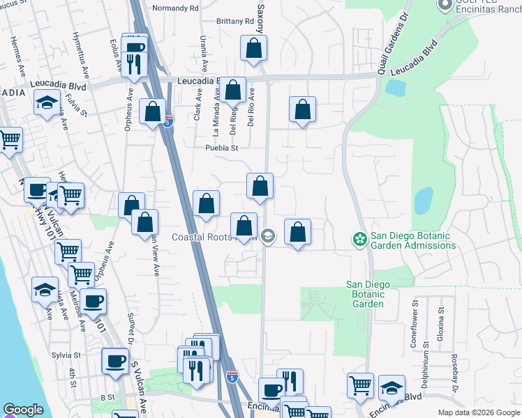 map of restaurants, bars, coffee shops, grocery stores, and more near 511 Saxony Road in Encinitas