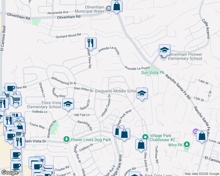 map of restaurants, bars, coffee shops, grocery stores, and more near 1744 Willowspring Drive North in Encinitas