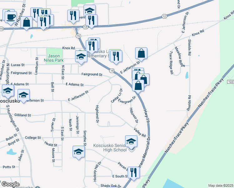 map of restaurants, bars, coffee shops, grocery stores, and more near 109 Cedar Lane Drive in Kosciusko
