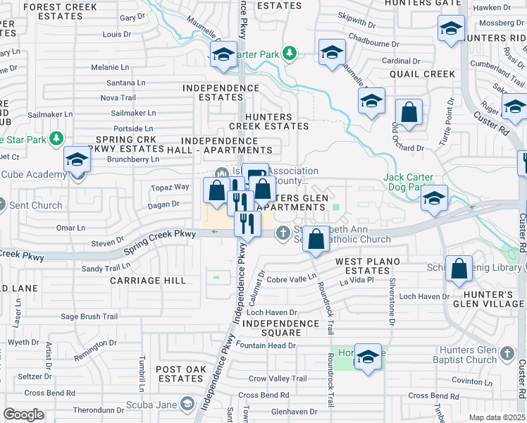 map of restaurants, bars, coffee shops, grocery stores, and more near 6150 Independence Parkway in Plano