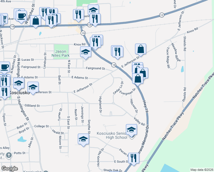 map of restaurants, bars, coffee shops, grocery stores, and more near 108 Highland Drive in Kosciusko