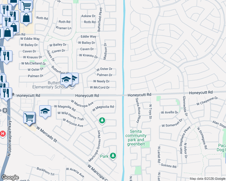 map of restaurants, bars, coffee shops, grocery stores, and more near 19694 North Bustos Court in Maricopa