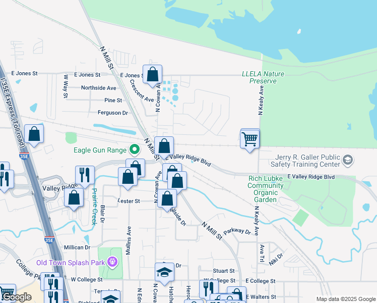 map of restaurants, bars, coffee shops, grocery stores, and more near 960 N Mill St in Lewisville