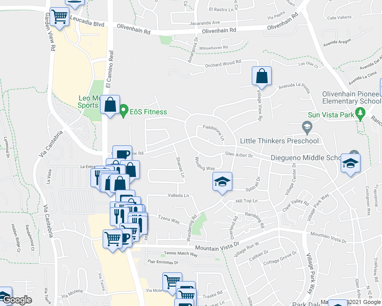 map of restaurants, bars, coffee shops, grocery stores, and more near 703 Winding Way in Encinitas