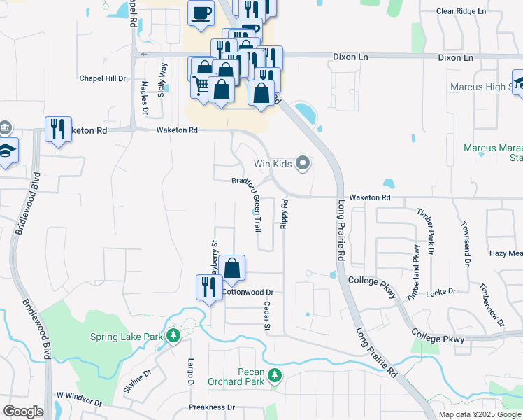 map of restaurants, bars, coffee shops, grocery stores, and more near 5316 Bradford Green Trail in Flower Mound