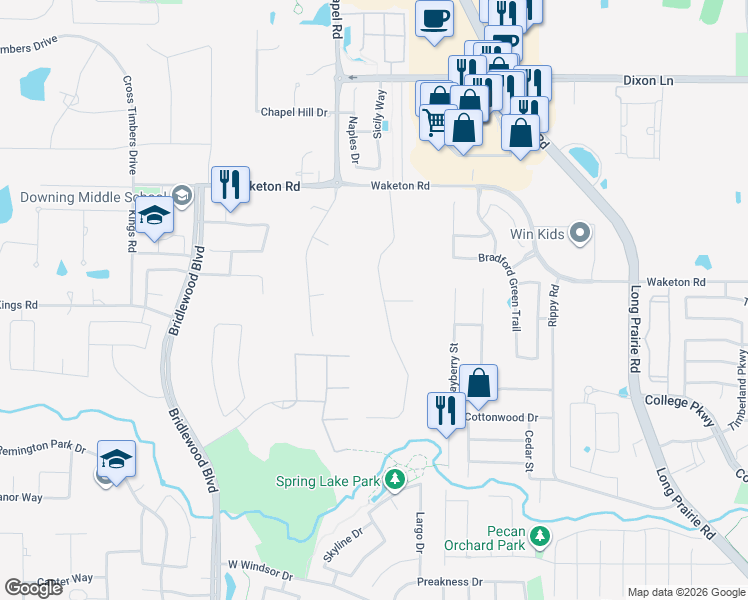 map of restaurants, bars, coffee shops, grocery stores, and more near 5321 Wildwood Drive in Flower Mound