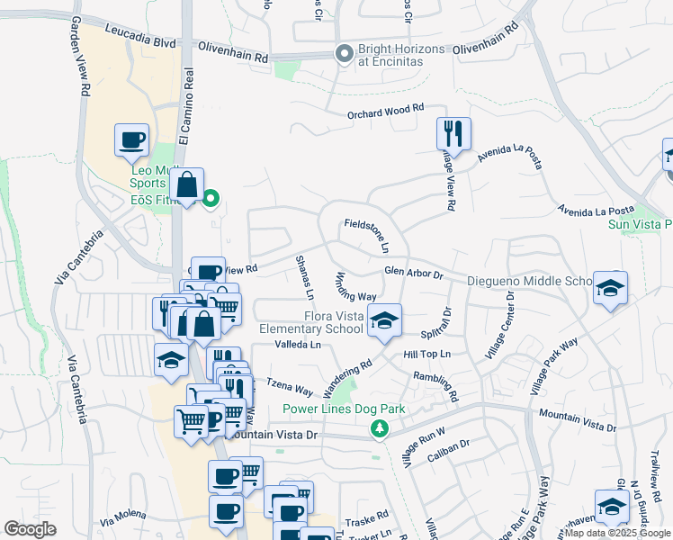 map of restaurants, bars, coffee shops, grocery stores, and more near 703 Winding Way in Encinitas