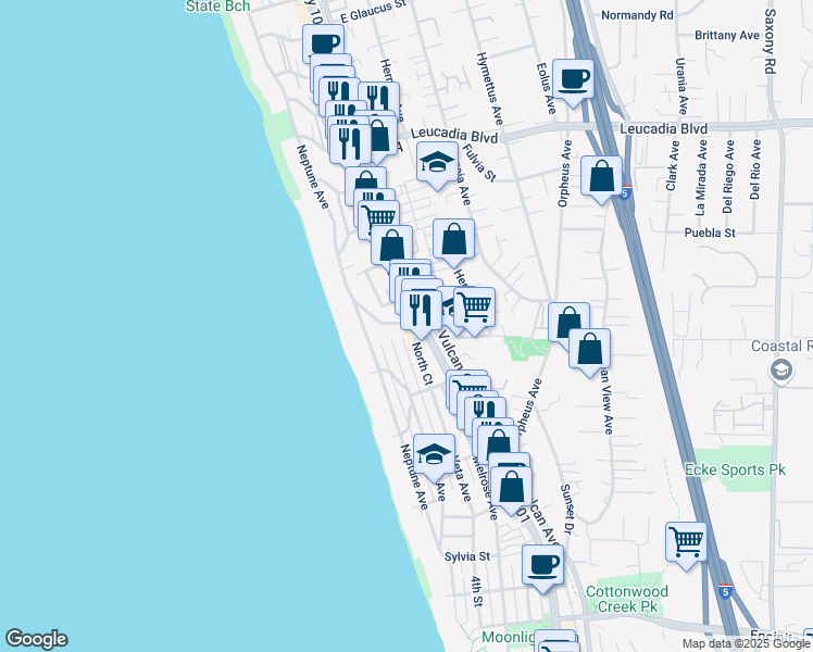 map of restaurants, bars, coffee shops, grocery stores, and more near 101 Athena Street in Encinitas