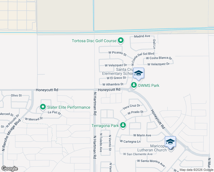 map of restaurants, bars, coffee shops, grocery stores, and more near 36537 West Alhambra Street in Maricopa