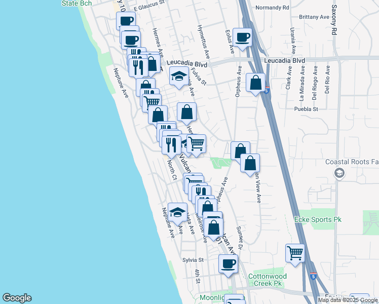 map of restaurants, bars, coffee shops, grocery stores, and more near 523 North Vulcan Avenue in Encinitas