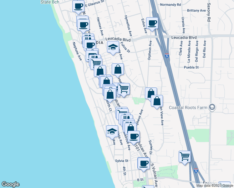 map of restaurants, bars, coffee shops, grocery stores, and more near 523 North Vulcan Avenue in Encinitas