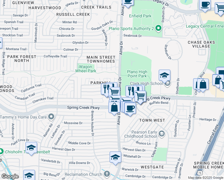 map of restaurants, bars, coffee shops, grocery stores, and more near 913 Longhorn Dr in Plano