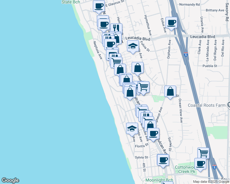 map of restaurants, bars, coffee shops, grocery stores, and more near 163 Athena Street in Encinitas