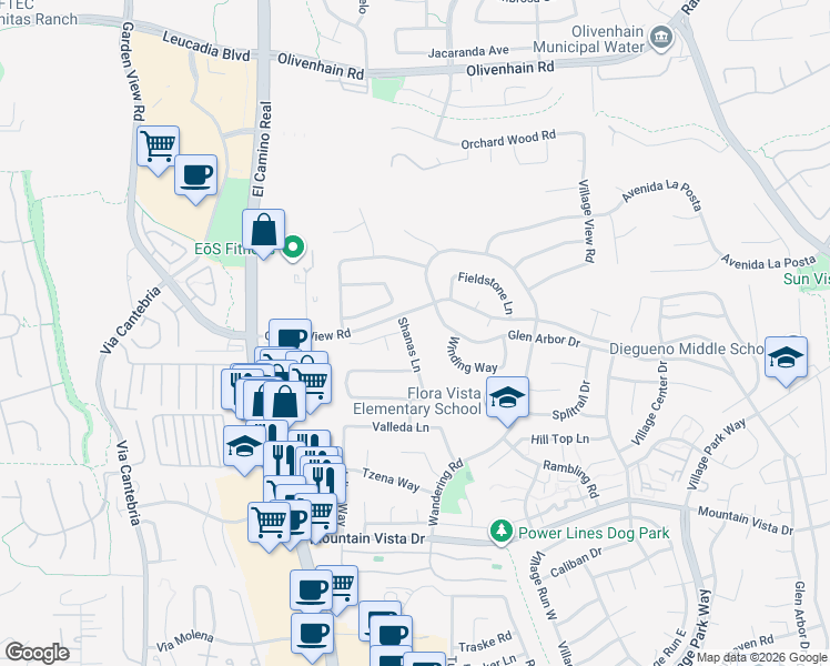 map of restaurants, bars, coffee shops, grocery stores, and more near 642 Shanas Lane in Encinitas