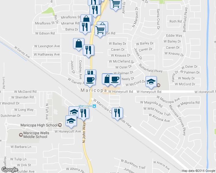 map of restaurants, bars, coffee shops, grocery stores, and more near 19676 Pepka Court in Maricopa