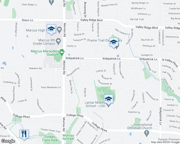 map of restaurants, bars, coffee shops, grocery stores, and more near 5308 Crawford Court in Flower Mound