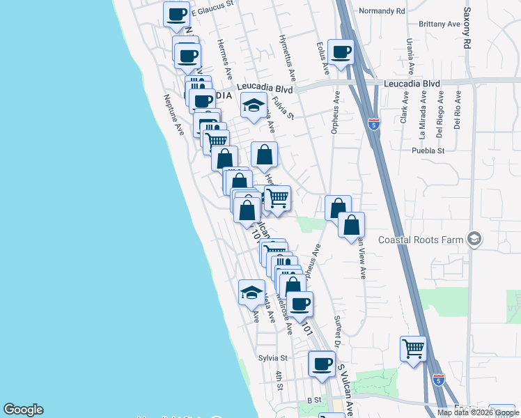 map of restaurants, bars, coffee shops, grocery stores, and more near 523 North Vulcan Avenue in Encinitas