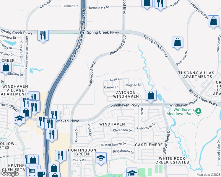 map of restaurants, bars, coffee shops, grocery stores, and more near 5756 Carrier Ln in Plano