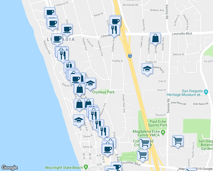 map of restaurants, bars, coffee shops, grocery stores, and more near 505 Hermes Avenue in Encinitas