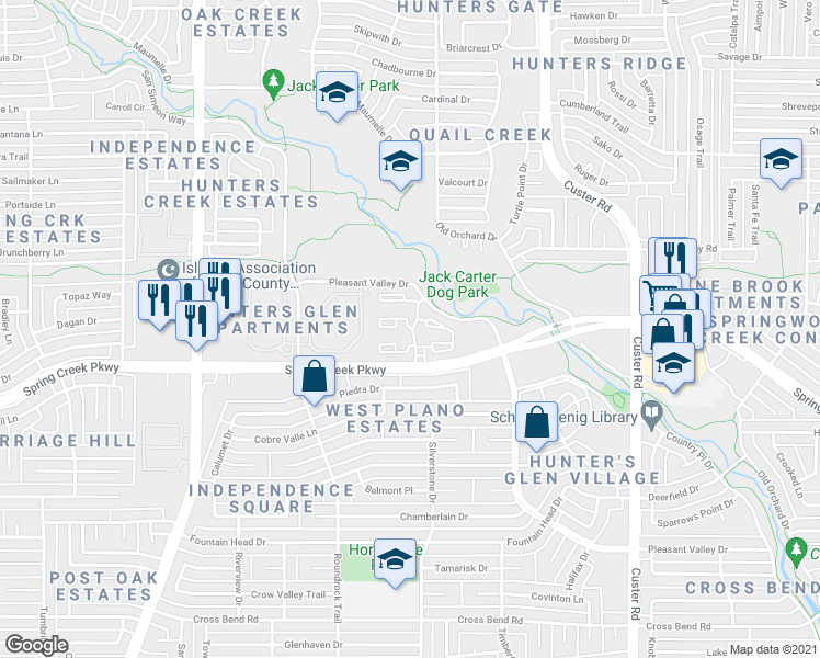 map of restaurants, bars, coffee shops, grocery stores, and more near 2401 Spring Creek Parkway in Plano