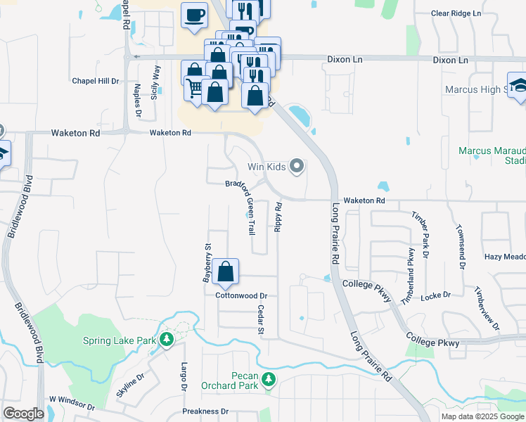 map of restaurants, bars, coffee shops, grocery stores, and more near 5316 Bradford Green Trail in Flower Mound