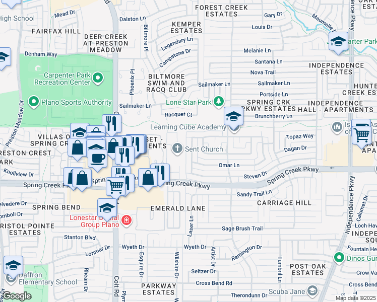 map of restaurants, bars, coffee shops, grocery stores, and more near 6301 Candlepath Trail in Plano
