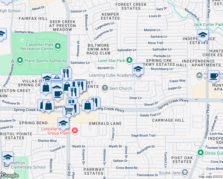 map of restaurants, bars, coffee shops, grocery stores, and more near 6301 Candlepath Trail in Plano