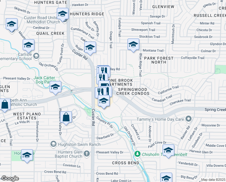 map of restaurants, bars, coffee shops, grocery stores, and more near 1821 West Spring Creek Parkway in Plano