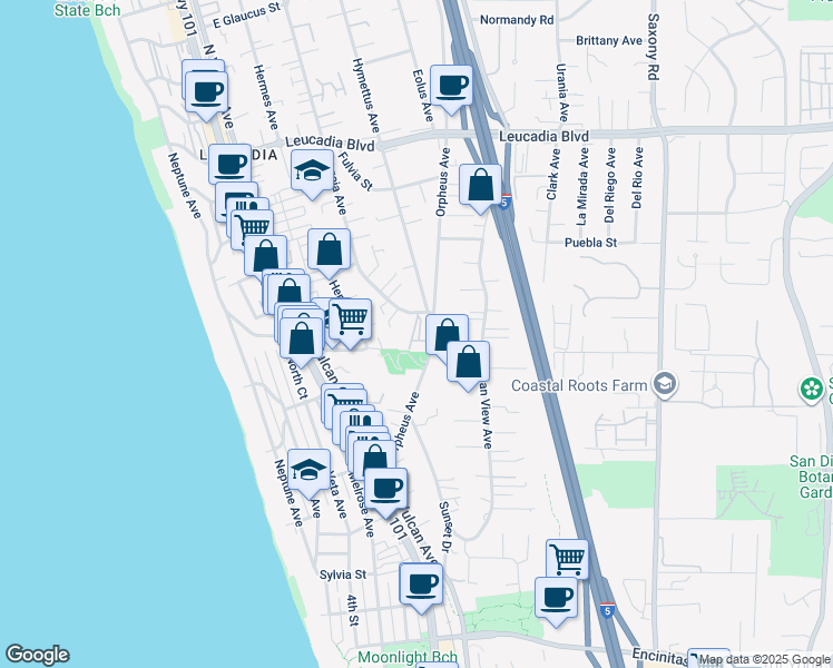 map of restaurants, bars, coffee shops, grocery stores, and more near 540 Orpheus Avenue in Encinitas
