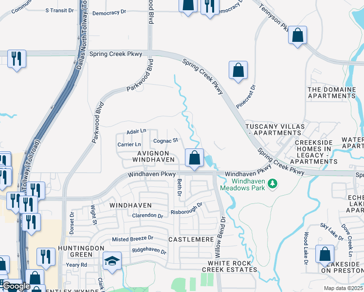 map of restaurants, bars, coffee shops, grocery stores, and more near 6105 Martinique Street in Plano