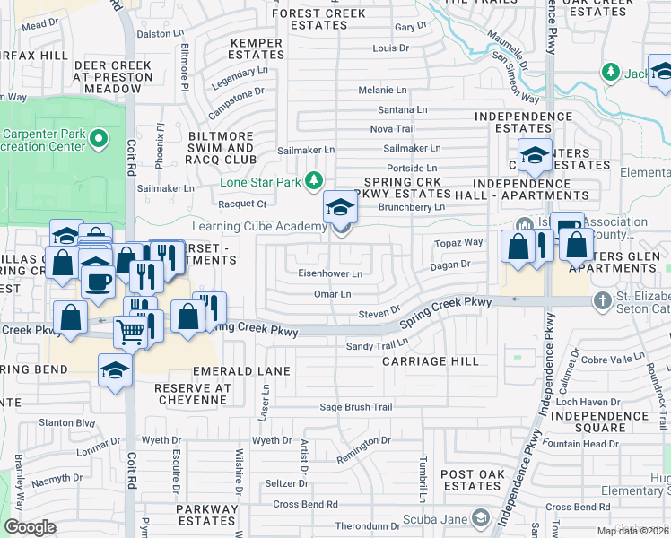map of restaurants, bars, coffee shops, grocery stores, and more near 3425 Eisenhower Lane in Plano