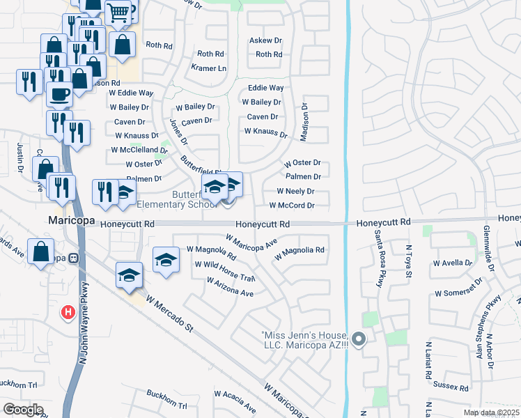 map of restaurants, bars, coffee shops, grocery stores, and more near 43581 McCord Drive in Maricopa