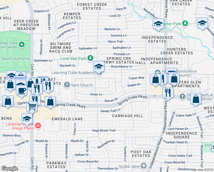 map of restaurants, bars, coffee shops, grocery stores, and more near 3401 Eisenhower Lane in Plano