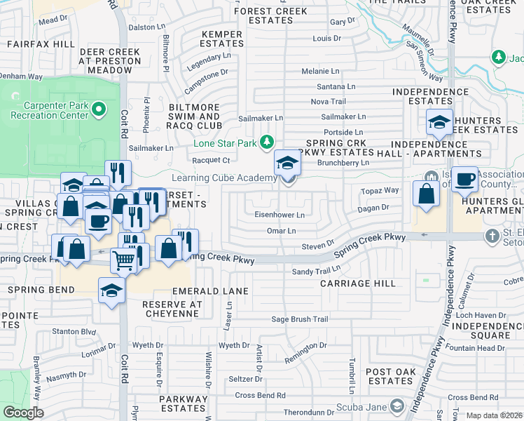 map of restaurants, bars, coffee shops, grocery stores, and more near 3513 Eisenhower Lane in Plano