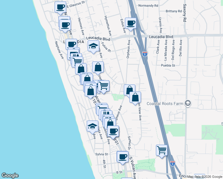 map of restaurants, bars, coffee shops, grocery stores, and more near 517 Hermes Avenue in Encinitas
