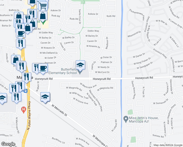 map of restaurants, bars, coffee shops, grocery stores, and more near 43581 McCord Drive in Maricopa