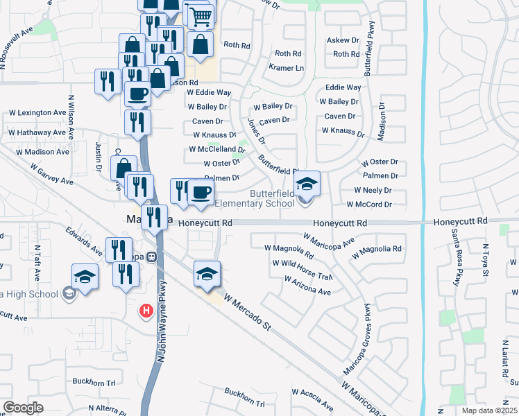 map of restaurants, bars, coffee shops, grocery stores, and more near 19671 Ortman Circle in Maricopa