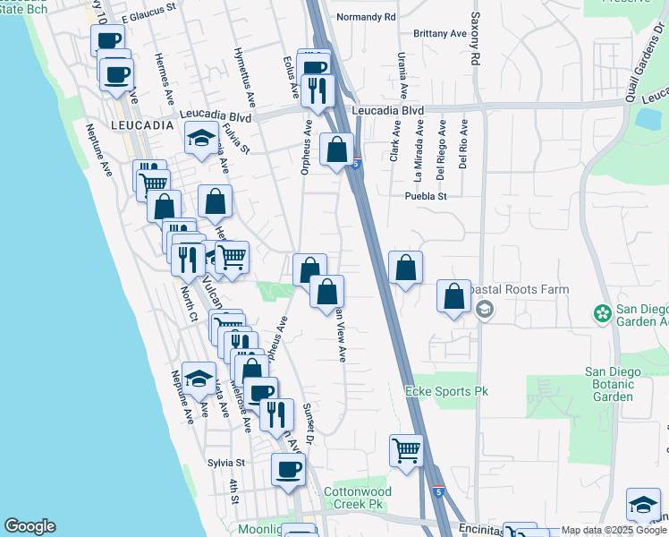 map of restaurants, bars, coffee shops, grocery stores, and more near 534 Ocean View Avenue in Encinitas