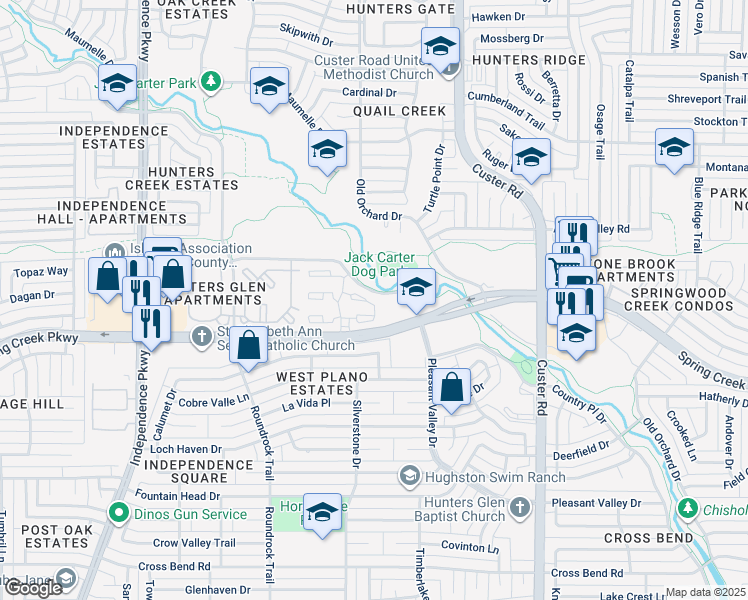 map of restaurants, bars, coffee shops, grocery stores, and more near 2401 Spring Creek Parkway in Plano
