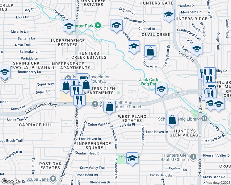 map of restaurants, bars, coffee shops, grocery stores, and more near 6300 Roundrock Trail in Plano