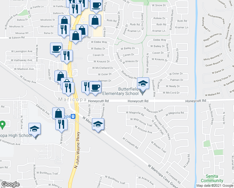 map of restaurants, bars, coffee shops, grocery stores, and more near 19700 Ortman Circle in Maricopa
