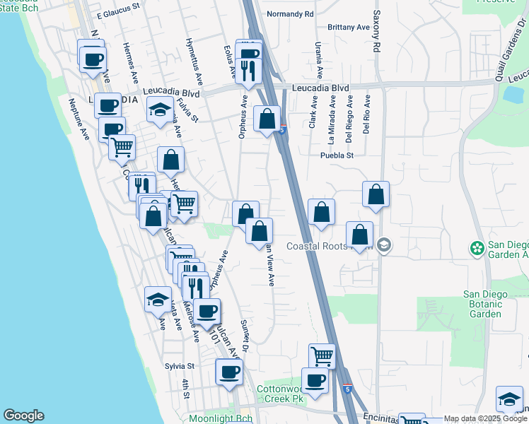 map of restaurants, bars, coffee shops, grocery stores, and more near 534 Ocean View Avenue in Encinitas