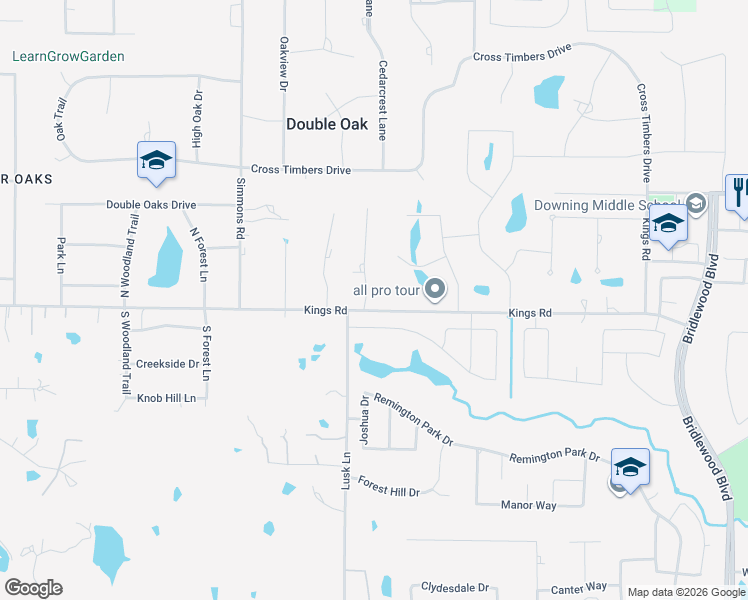 map of restaurants, bars, coffee shops, grocery stores, and more near 100 Brown Cliff Court in Lewisville
