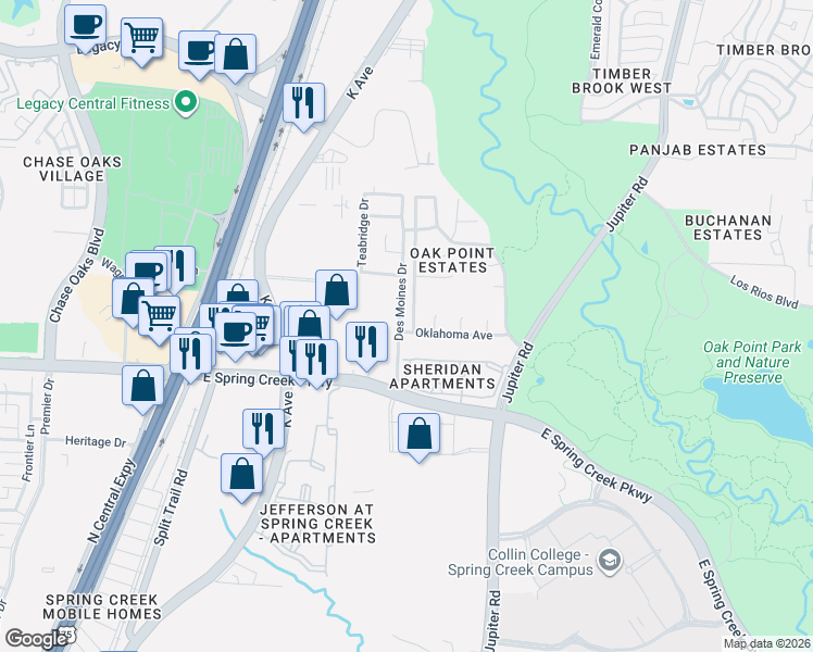 map of restaurants, bars, coffee shops, grocery stores, and more near 2000 Oklahoma Avenue in Plano