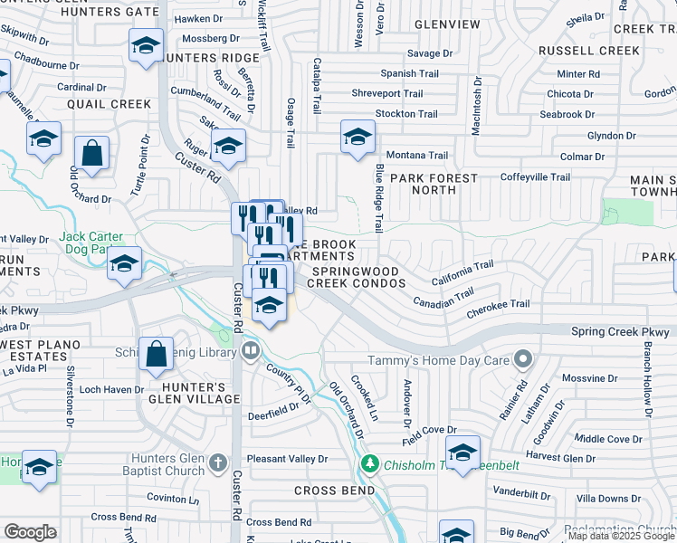 map of restaurants, bars, coffee shops, grocery stores, and more near 1805 West Spring Creek Parkway in Plano